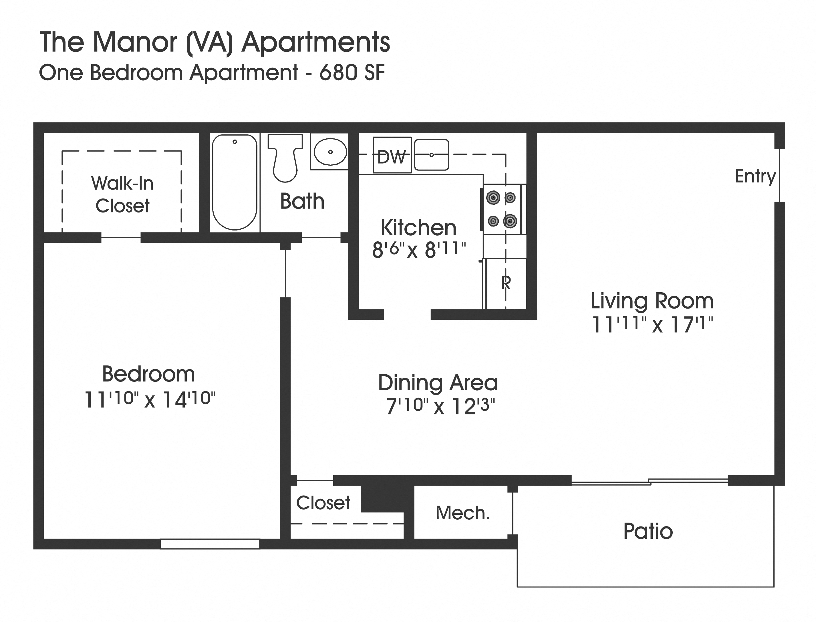 Floor plan for 1 bed, 1 bath, 680 sqft